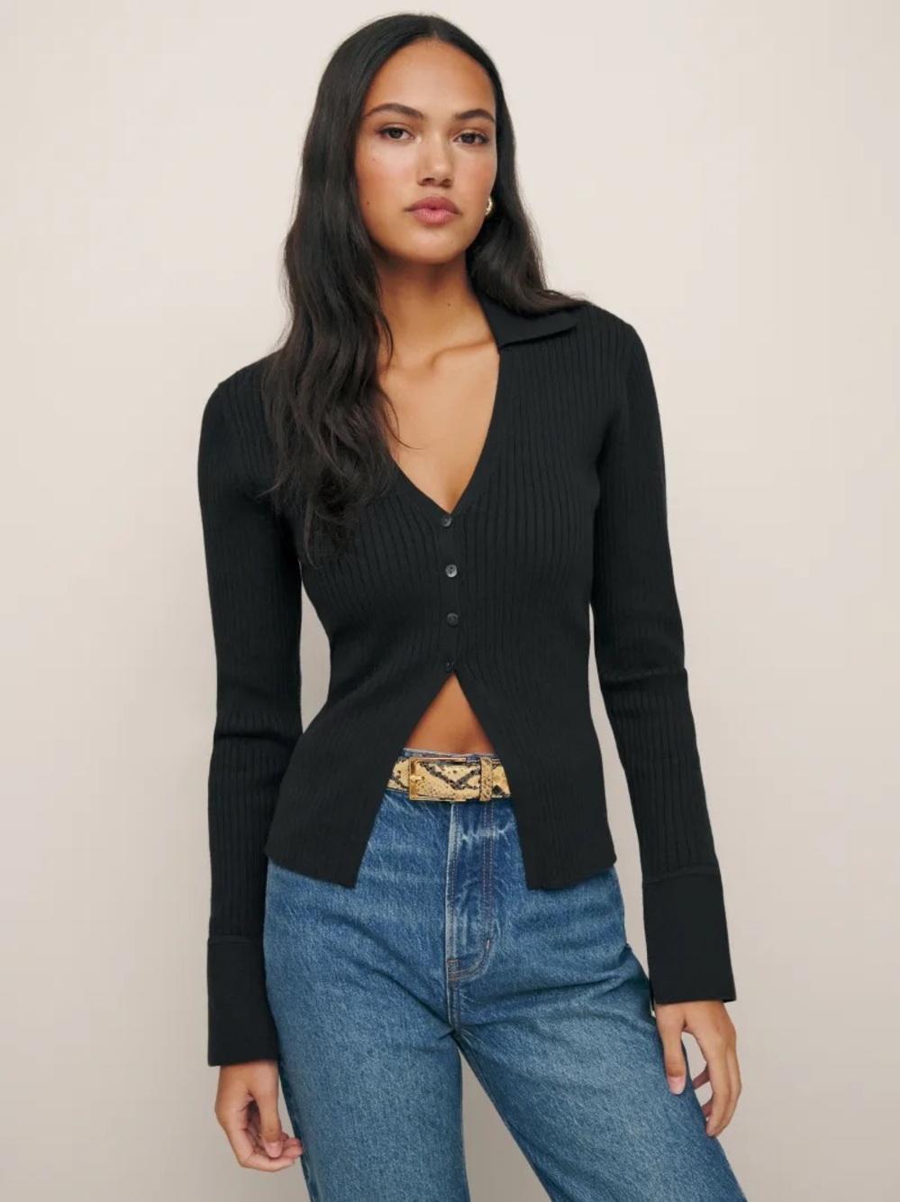 Reformation Valentina Ribbed Cardigan in Black